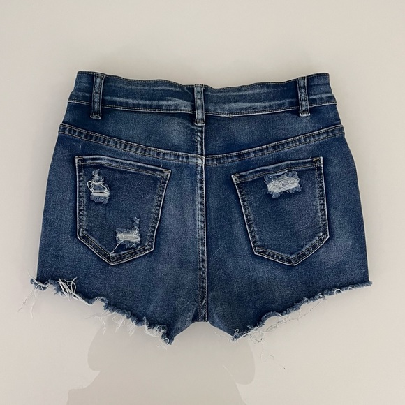 SHEIN Essnce Ripped Raw Trim Denim Shorts in Medium Wash - Picture 2 of 11